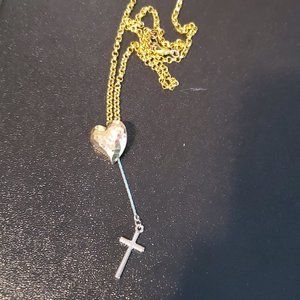 Gold Tone Heart and Cross Pendant Necklace Love 20